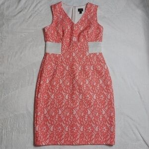 𝅺Worthington Womens V-neck Pink And White Knee Length Cocktail Lace Dress Sz 10